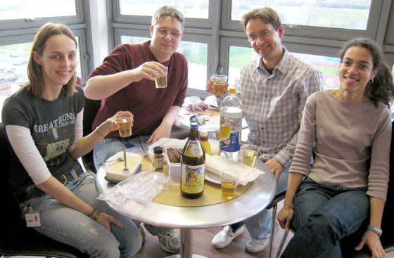 The Group enjoys the Apfelwein that Juergen brought from Germany, his home.