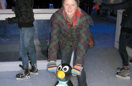 Anja Schlott takes the penguin by the horns, Christmas 2011 at Somerset House Ice Rink in London, UK