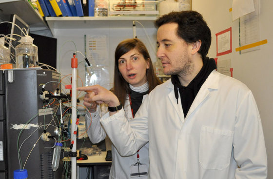 Marta Barbon and Alberto Riera demonstrate the finer points of ÄKTA protein purification.