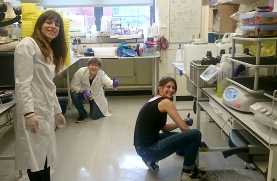 Noelia Fernández-Rivero, Henry Gerdes and Indiana Magdalou cleaning the laboratory.