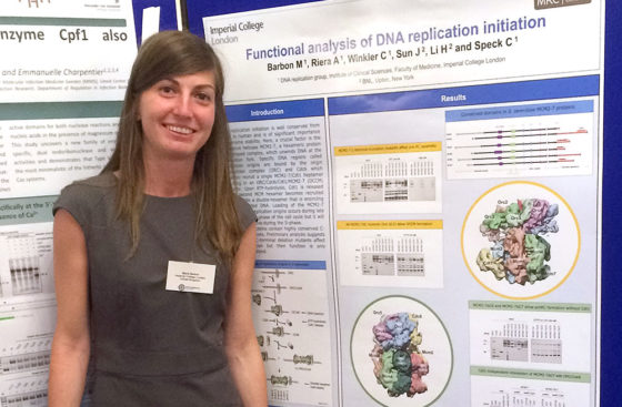 80th Harden Conference, Shrigley Hall Hotel, Macclesfield, United Kingdom, 03.08.2016 . . . Marta Barbon stands next to her poster on functional analysis of DNA replication initiation.