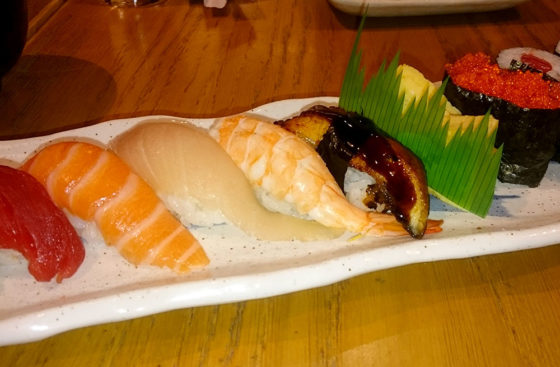 Sushi assortment at the farewell dinner for Alberto Riera at the Hare & Tortoise in Chiswick, London, UK