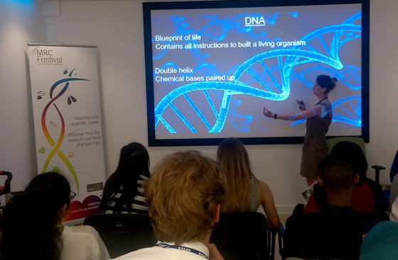 Indiana Magdalou talks to A level students at the MRC Festival of Medical Science
