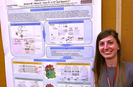 Cold Spring Harbor Laboratory Meeting on Eukaryotic DNA Replication & Genome Maintenance, Cold Spring Harbor, New York, USA, 06.09.2017 . . . Marta Barbon stands next to her poster on understanding the role of Mcm5 C-terminus durining helicase loading