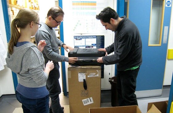 Christian Speck, Sarah Schneider and Ric Aramayo, the LMS cryo-EM manager, are excited to receive a new cryo-transfer holder from Gatan!