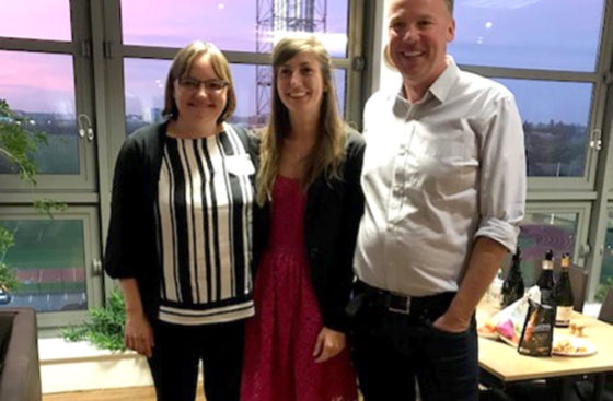 Marta Barbon celebrates her successful PhD defense with her examiners, Aga Gambus and Dave Carling, in the 6th floor café