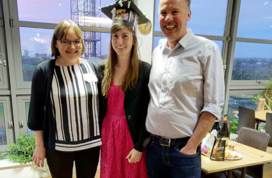 Marta Barbon celebrates her successful PhD defense with her examiners, Aga Gambus and Dave Carling, in the 6th floor café (the hat, a German tradition, was created by the Group and is adorned with decorations reflecting Marta's personality and work)