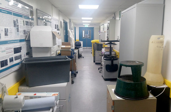 Day of cleaning the lab after the floor had been cleaned and polished.